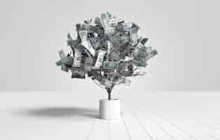 Free photo dollar banknotes tree growing in a white pot