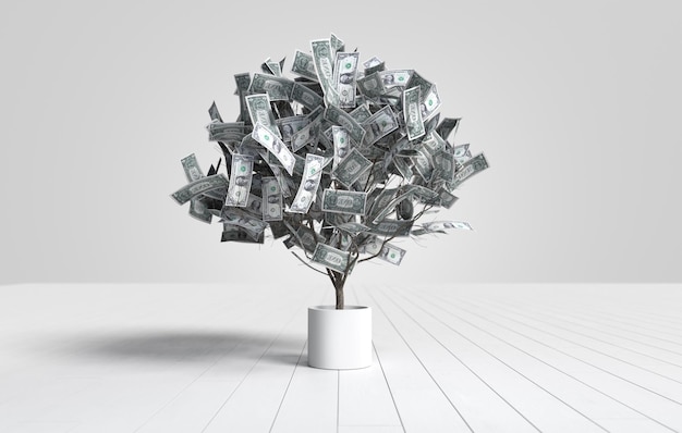 Free Photo dollar banknotes tree growing in a white pot