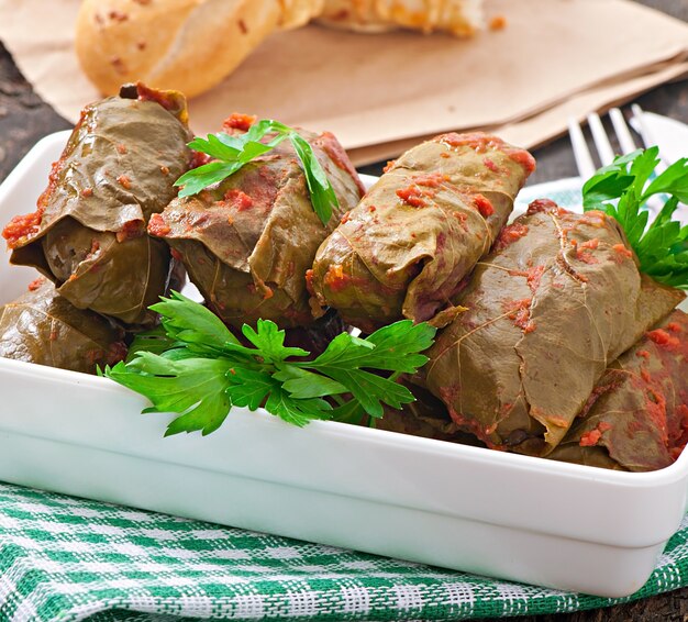 Dolma, stuffed grape leaves, turkish and greek cuisine