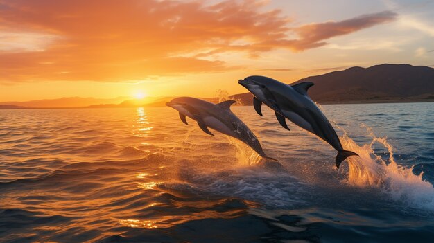 Dolphin jumping over water at sunset