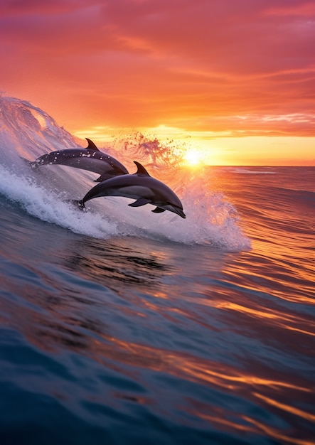 Dolphin jumping over water at sunset