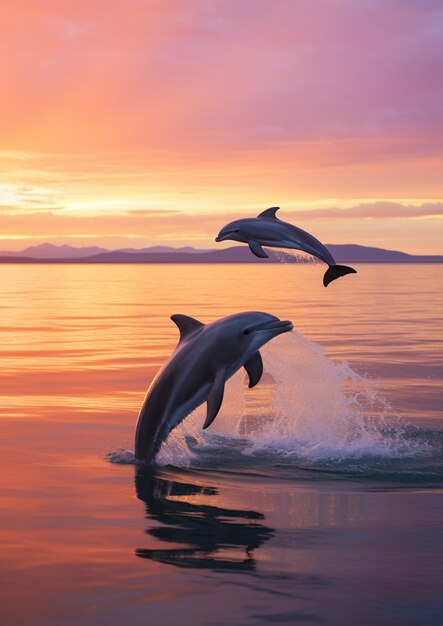 Dolphin jumping over water at sunset