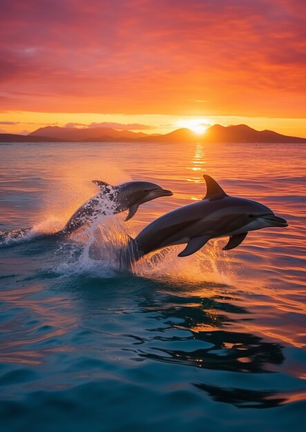 Dolphin jumping over water at sunset