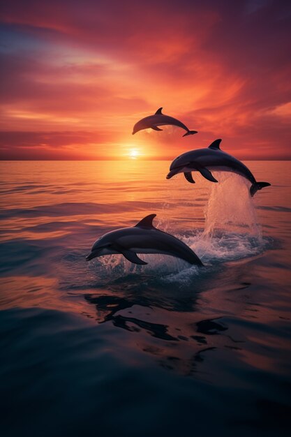 Dolphin jumping over water at sunset