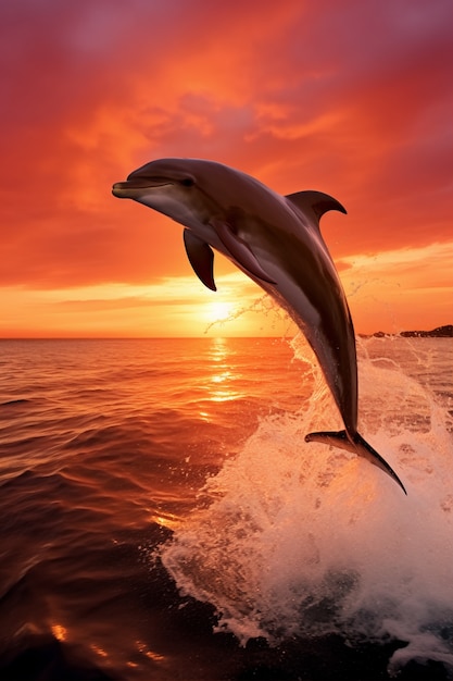 Dolphin jumping over water at sunset