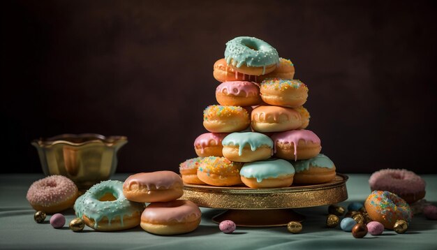 Donut stack on rustic wood plate generated by AI