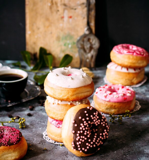 Donuts with various topping and coffee