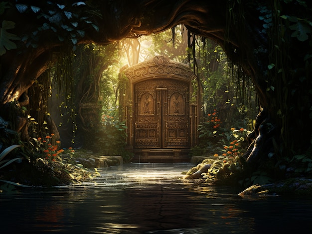 Free photo door opening fantasy world