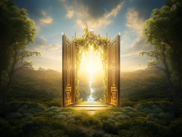 Free photo door stretching into fantasy world