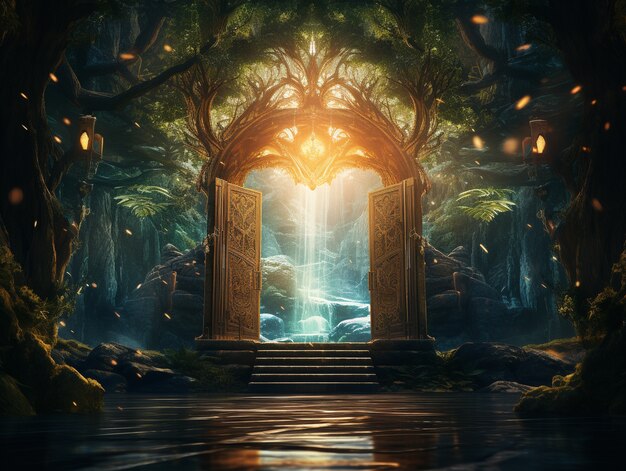 Free photo door stretching into fantasy world