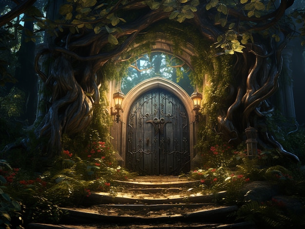 Free photo door stretching into fantasy world