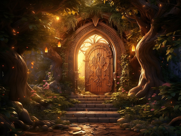 Free photo door stretching into fantasy world