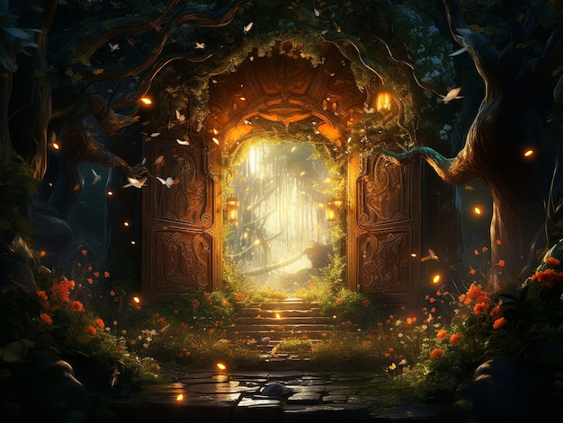 Free photo door stretching into fantasy world