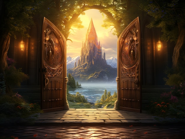 Free Photo door stretching into fantasy world