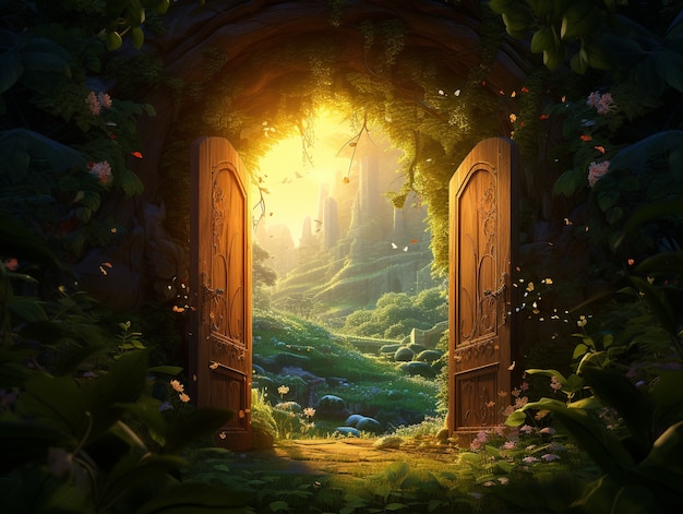 Free photo door stretching into fantasy world