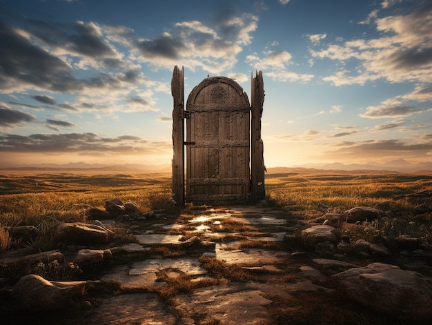 Free photo door stretching into fantasy world