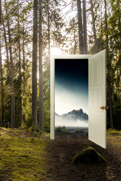 Free photo doors opening to a beautiful natural view