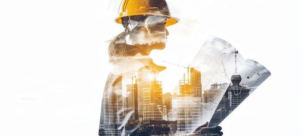 Free Photo double exposure of an engineer holding blueprints and a city skyline ai generated