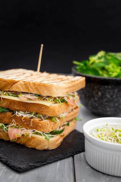 Double sandwich on slate with salad and sprouts