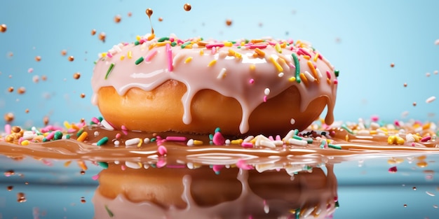 Doughnut with dripping caramel and colorful sprinkles on a reflective base