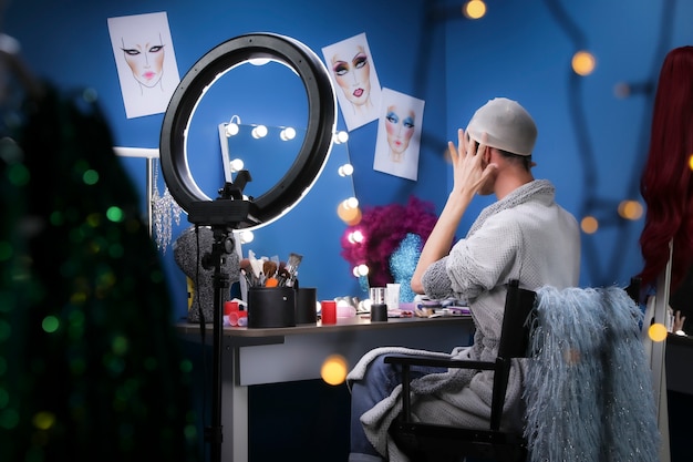 Drag person putting on makeup