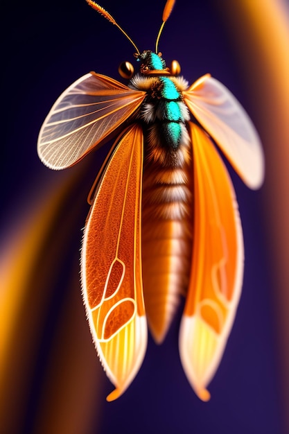 A dragonfly is on a purple background with a blue background.