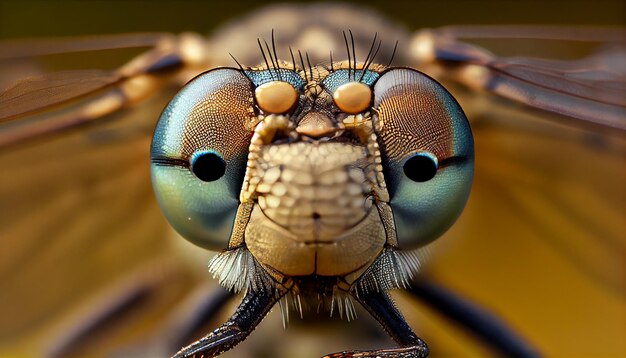 A dragonfly's eyes are open and the eyes are blue.