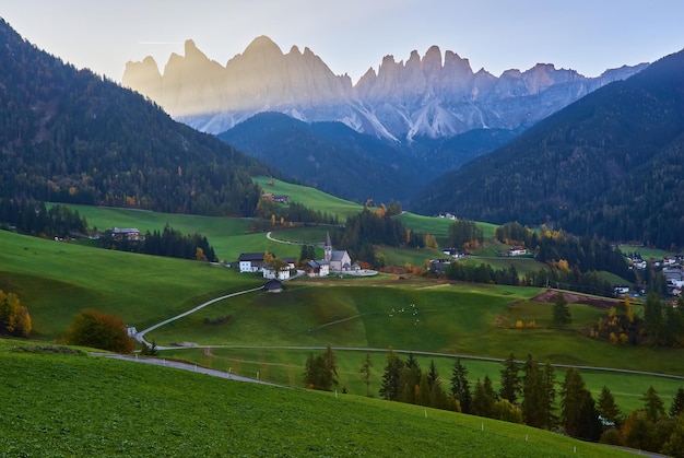 Free Photo dramatic morning countryside view of the st magdalena or santa maddalena in the national park puez odle or geisler summits location bolzano italy