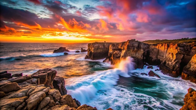 Free Photo dramatic sunset over the ocean with crashing waves and rocky cliffs