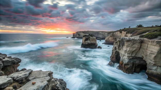 Free Photo dramatic sunset over rocky ocean coast