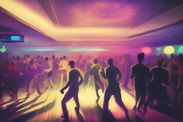 Free Photo a drawing of people dancing in a club with a purple background.