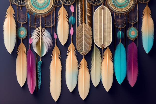 Dream catchers with feathers hanging on a wall