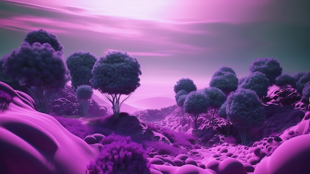 Dreamlike and surrealistic landscape wallpaper in purple tones