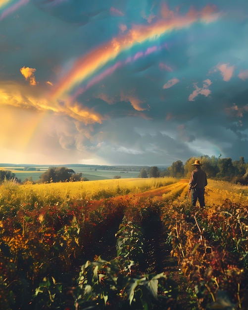 Free photo dreamy rainbow on a countryside