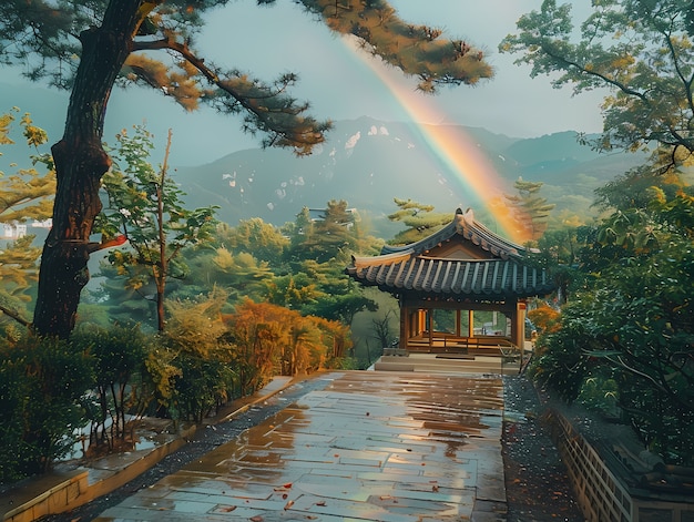 Free photo dreamy rainbow on a countryside