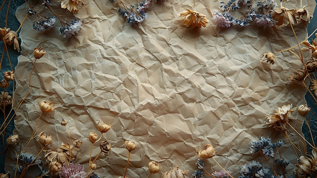 Dried flowers on torn paper