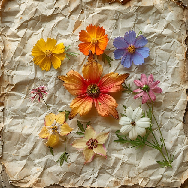 Dried flowers on torn paper