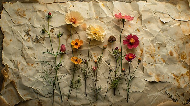 Dried flowers on torn paper