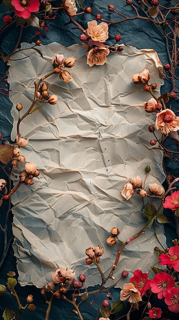 Dried flowers on torn paper