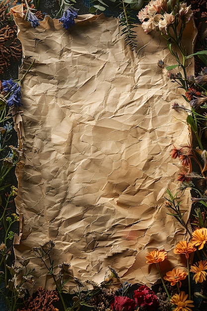 Dried flowers on torn paper