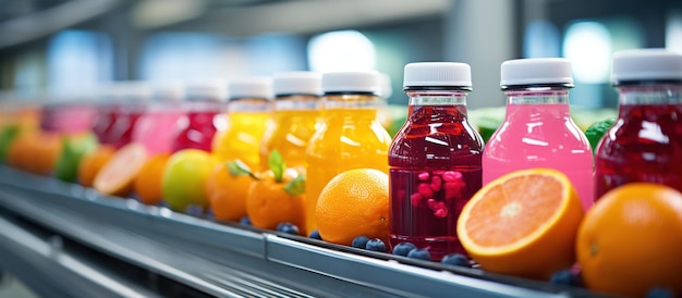 Free photo a drink production line with bottled juice