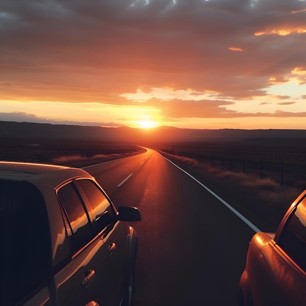 Free photo driving on the highway at sunset conceptual image of travel