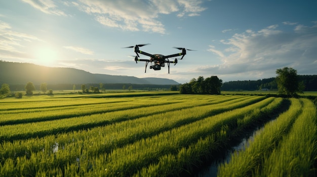 Drone conducting a survey of vibrant green farmland for precision agriculture