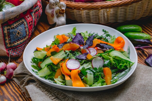 Dry apricot salad with carrot radish lettuce aragon basil dill parsley side view