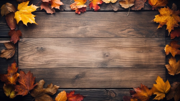 Dry autumn leaves background with wood