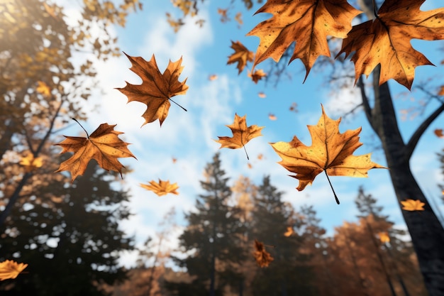 Free photo dry autumn leaves floating with sky background