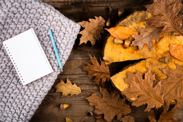 Free Photo dry autumn leaves and notebook 