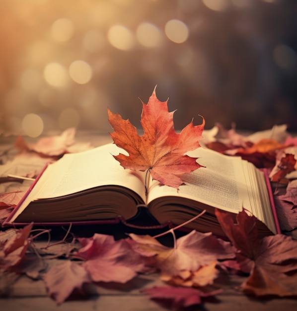 Dry autumn leaves with book