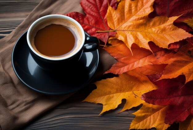 Dry autumn leaves with coffee cup