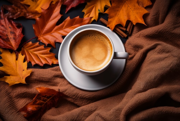 Dry autumn leaves with coffee cup